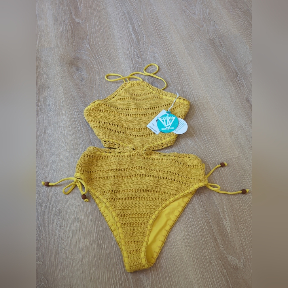 WET Lane Saffron Crochet Cutout Mustard Yellow Swimsuit One Piece XS, S $198 - Picture 6 of 8